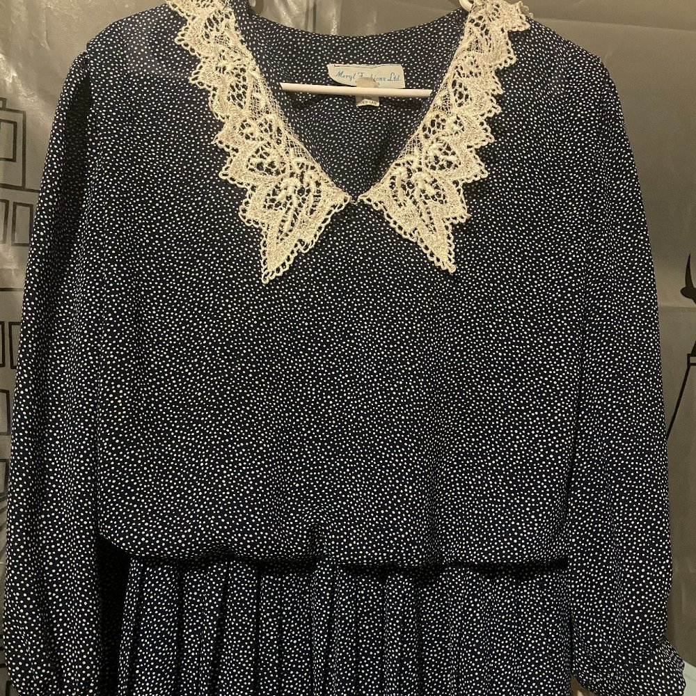 Vintage Lace Embroidered Collar Polka Dot Midi Dress